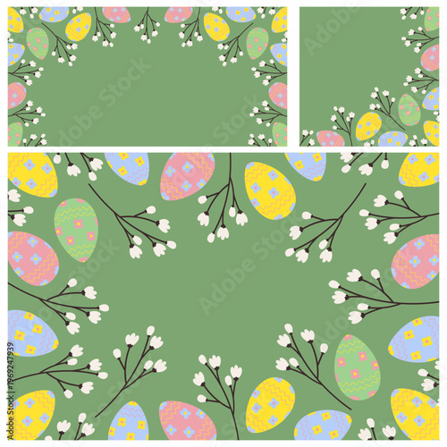 Social media post templates of Easter Eggs and sprigs Top, Corner and Rectangular Frame border Set. Copyspace. Vector illustration Easter Holiday promo post template, banner, leaflet, label, price tag