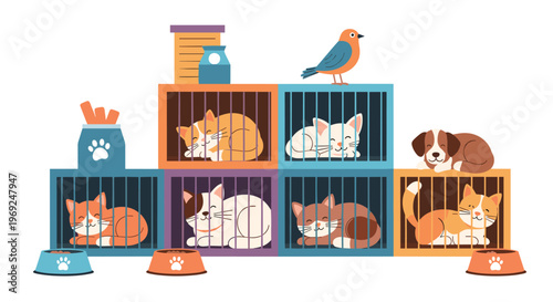 Colorful animal shelter scene with multiple cats and one dog resting in separate stacked cages with food bowls and pet supplies.