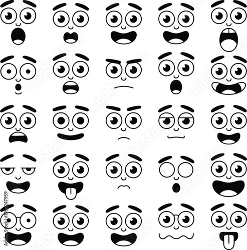 Collection of various cartoon faces with different expressions on white background