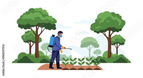 Agricultural worker wearing protective gear and a mask while spraying pesticides or fertilizer on young plants in a green field.