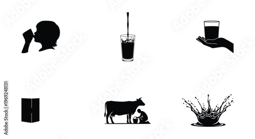 World Milk Day Vector Set:Silhouettes of Drinking, Pouring, and Splashing Milk with Cow and Carton