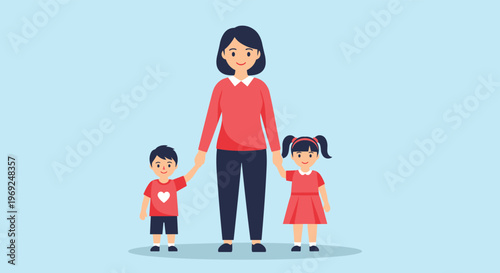 Young mother standing and smiling while holding the hands of her small son and daughter on a light blue background.