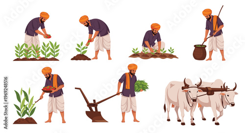 Multiple scenes of traditional Indian farmers in turbans planting crops, plowing with oxen, and harvesting vegetables in a field.
