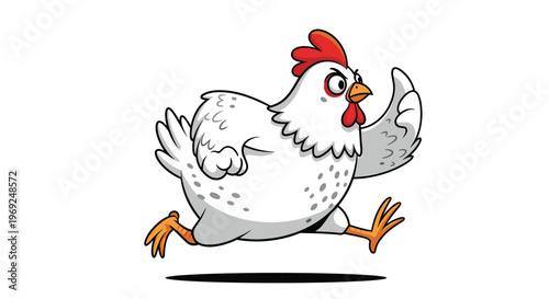 Energetic cartoon white chicken character running quickly with a determined expression on its face against a white background.