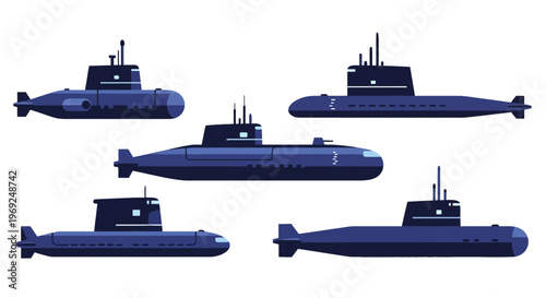 Military Submarine and Underwater Vehicle Vector Illustration Collection Set in Flat Design Style Isolated on White Background.