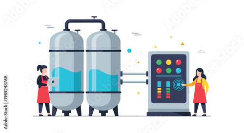 Industrial factory workers monitoring large chemical storage tanks and a control panel in a modern manufacturing facility.