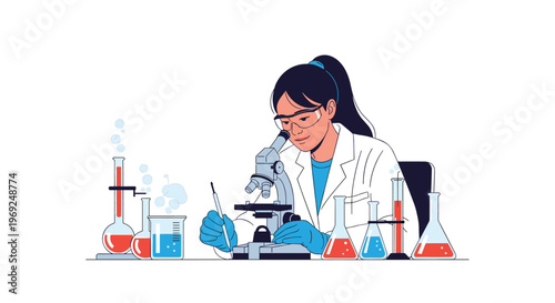Female scientist conducting research with a microscope and colorful chemical solutions in a professional laboratory setting.