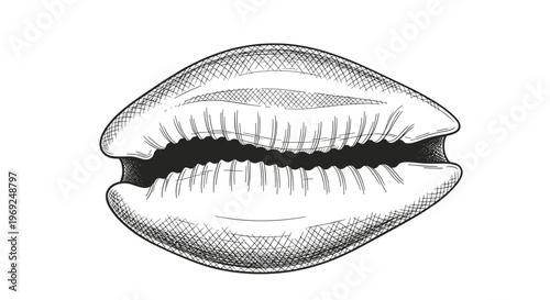 Detailed vintage style botanical engraving of an elongated seashell with textured surface and fine line work on white background.