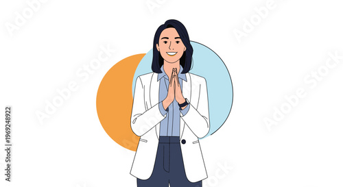 Professional woman wearing a white blazer and navy trousers posing with hands together in a polite greeting or namaste.