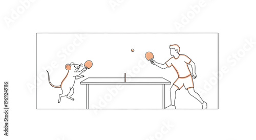 Man and Mouse Playing Table Tennis Together on a Table