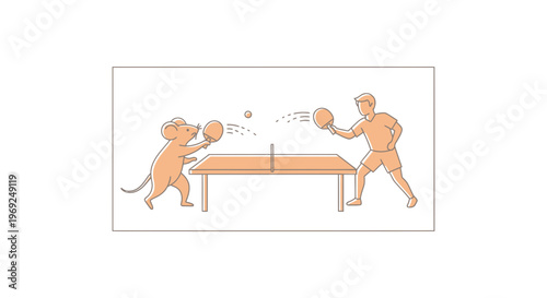 Man and Mouse Play Table Tennis Together, Funny Competition