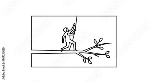 Man climbing tree branch, reaching for rope, concept of effort and challenge