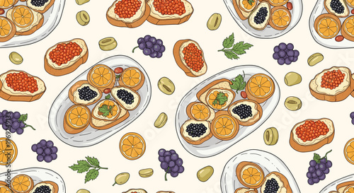 Seamless background pattern featuring plates of appetizers with black caviar, red caviar, and fresh orange slices.