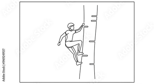 Man climbing tree with harness and helmet, outdoor adventure, extreme sports