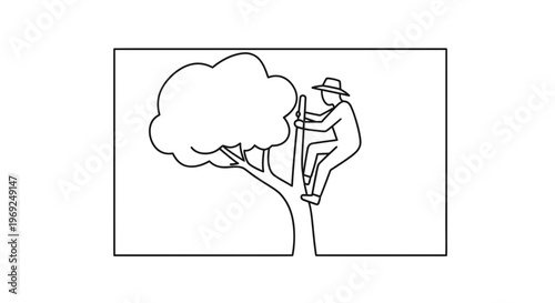Man climbing tree with ladder for pruning or harvesting, outdoor activity, healthy lifestyle