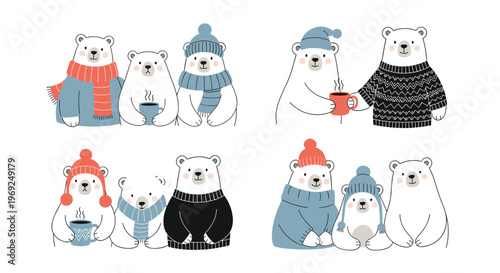 Cute polar bear families wearing winter sweaters, hats, and scarves while enjoying hot chocolate in various adorable cartoon poses.