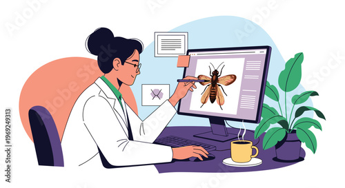 Female entomologist using a stylus to study a detailed insect image on a computer monitor in a modern scientific laboratory setting.