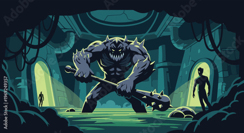 Fearsome muscular monster brandishing a spiked club in a dark dungeon chamber while mysterious silhouettes watch from doorways.