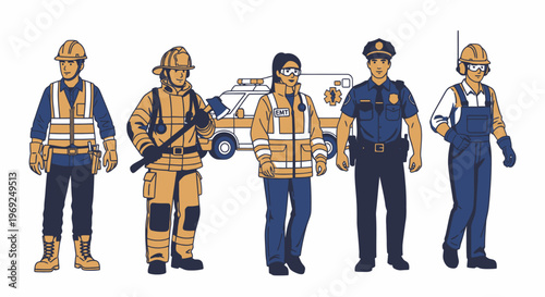Emergency responders and workers in safety gear