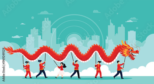 Group of performers carrying a long red and gold traditional dragon during a festive street parade in a modern city.