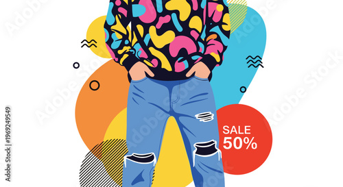 Trendy person wearing a colorful patterned sweater and ripped blue jeans with a fifty percent off sale sign in the background.