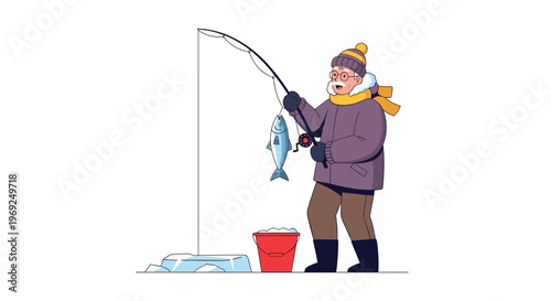 Elderly man with a mustache ice fishing on a frozen lake with a rod, a bucket, and a freshly caught fish in winter.