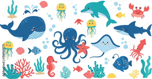 Complete Sea Life Vector Set Featuring Kawaii Whale, Shark, Octopus, Dolphin, Stingray, and Anglerfish Characters for Kids Educational Posters and Nursery Wall Art Designs