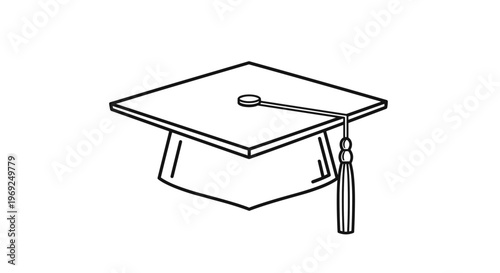 Simple black and white line drawing of a classic academic graduation cap with a tassel representing school completion.