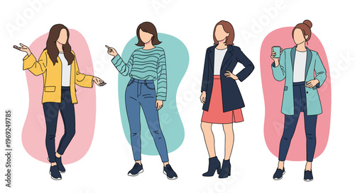 Group of four stylish women wearing different trendy outfits and accessories standing against colorful abstract shapes.