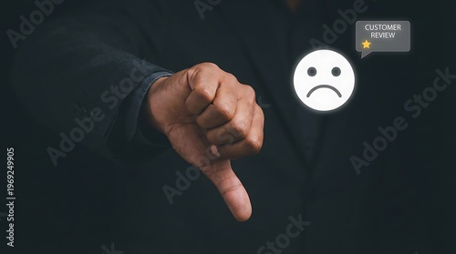 Businessman's thumbs down gesture, representing dissatisfaction, poor customer service, or a negative review experience with feedback icons.