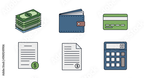 Financial objects on white background.