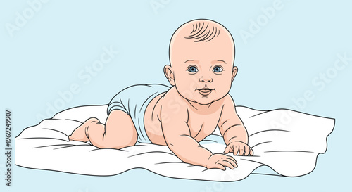 Adorable baby boy in a blue diaper crawling on a soft white blanket and looking forward with a happy expression.