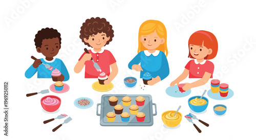 Diverse children gather around a table, joyfully decorating freshly baked cupcakes with colorful frosting and sweet sprinkles in a fun setting.