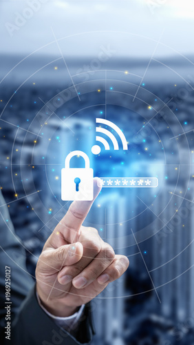 A finger touches a virtual padlock icon with a Wi-Fi symbol and password field, representing digital security, encryption, and safe networking in a modern city environment