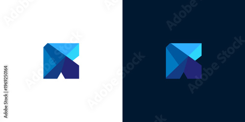 Abstract blue geometric letter R logo design template, modern digital lettermark, minimalist corporate branding element
