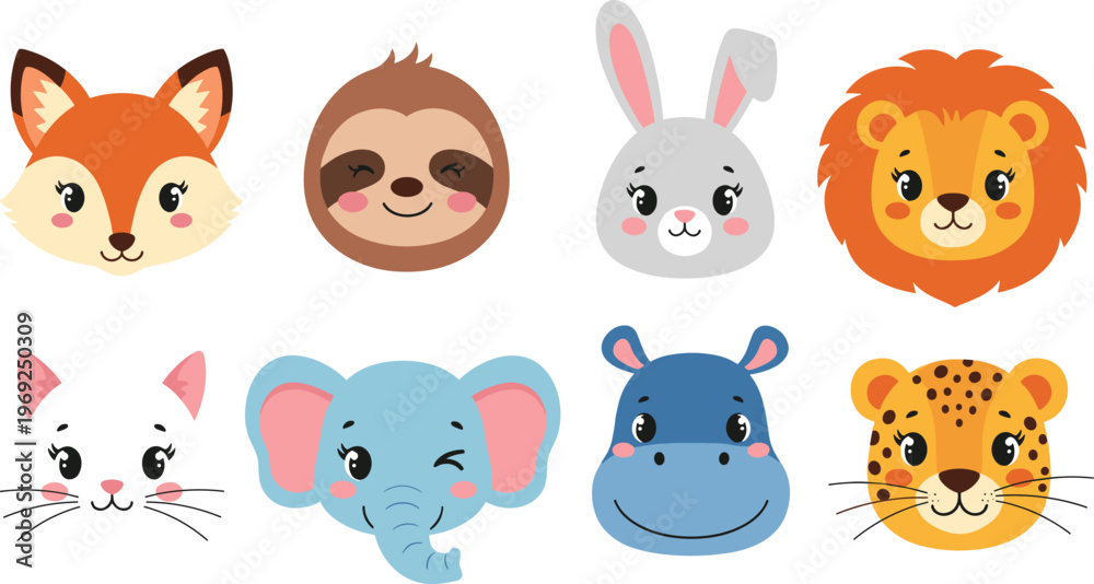 Fototapeta premium Cute Animal Face Vector Icon Set Featuring Fox, Sloth, Rabbit, Lion, Cat, Elephant, Hippo, and Leopard for Kids Avatars and Sticker Designs