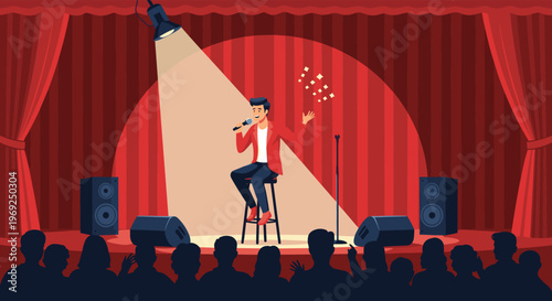 Male comedian performing stand up comedy on stage with spotlight under red curtains while audience watches from the dark.