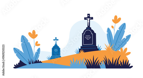 Peaceful graveyard scene with dark tombstones featuring crucifixes surrounded by blue and orange stylized foliage and plants.