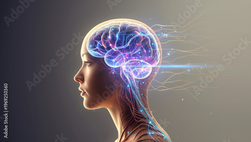 Female profile with glowing neural network and illuminated brain connecting to data streams