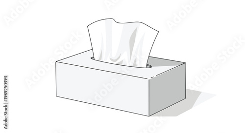 Rectangular gray tissue box with white paper tissues sticking out of the top opening isolated on a plain white background.