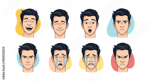 Grid showing eight different facial expressions of a young man including happy, sad, angry, surprised, and crying emotions.