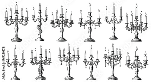 Detailed collection of twelve vintage ornate candelabras with burning candles in various classic styles and artistic metal designs.