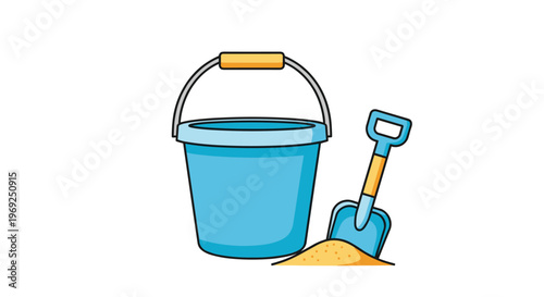 Blue plastic sand bucket with a handle and a matching shovel placed in a small pile of sand for beach play.