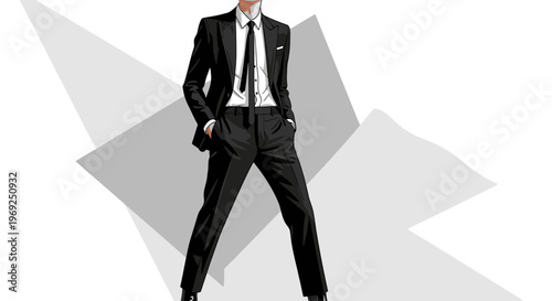 Confident businessman in black suit standing strong