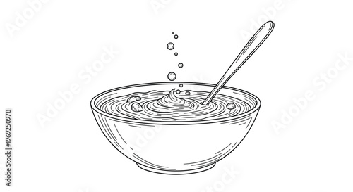 Detailed drawing of a bowl of hot soup or porridge with a spoon and steam bubbles rising from the surface.
