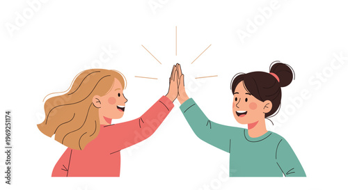 Two young women with different hair styles giving a high five to show friendship and mutual encouragement.