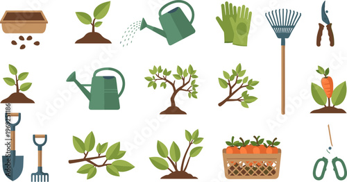 Gardening Tools and Plant Growth Icon Set Featuring Watering Cans, Gloves, Rake, Shovel, Pruners, Seedlings, and Vegetable Harvest Elements for Garden Care