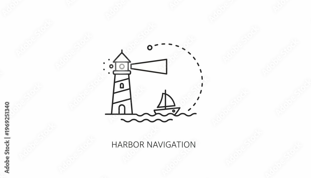 Naklejka premium Lighthouse Guiding Sailboat in Harbor Navigation Icon
