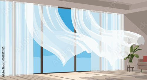 White sheer curtains blowing gently in the wind from an open glass door leading to a balcony with a blue sky.