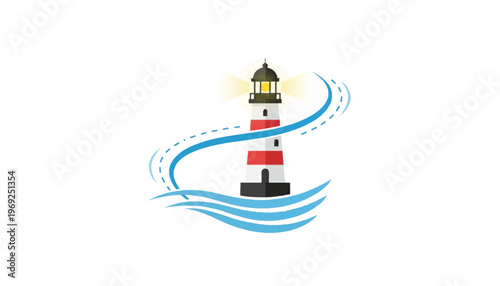 Lighthouse guiding ships at sea with swirling blue waves and light beam